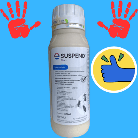 Image Layout & Overlays:
•	Background: Solid, high-visibility cyan / sky blue square.
•	Orientation: A white high-density polyethylene (HDPE) trade bottle stands vertically and upright in the center, with its ribbed white screw-top cap at the top.
•	Graphic Additions: Two bright red, open-palm handprints flank the upper neck area of the bottle. On the right side of the bottle body sits a circular graphic featuring a yellow background with a thick black outline, displaying a blue cartoon hand giving a thumbs-up gesture flanked by small green action lines.
Label Text & Details (Transcribed from the upright label):
•	Brand & Product Name: "SUSPEND® Flexx" printed in bold capital letters below a blue "Insecticide" banner tag. The Envu logo is placed prominently at the bottom of the main white label.
•	Target Pests: Features black line-art drawings of a housefly, a crawling German cockroach, and a trailing ant on the bottom right, underlined by the text: Fly - Cockroaches - Ant.
•	Technical Bullet Points: 1. New generation of formulation from Envu technology
2. Effective at low dose rate
3. Outstanding performance on complex surfaces
•	Chemical Profile: Stated as a "SUSPENSION CONCENTRATE (SC)". Active ingredient: Deltamethrin ... 2.45% w/w, with Inert Ingredient ... 97.55% w/w. Net content is marked as 500 ml.
•	Regulatory Compliance & Batch Data: Displays the official registry line: NEA Registration No. SINNEAI-SusCN/175/0969. Visible batch text indicates a manufacturing date of 2023/01/21 and an expiry date of 2026/01/15.
•	Regulatory Warnings: Bold text reads: SALE RESTRICTED TO SPECIALIZED INSTITUTIONS AND COMPANIES FOR RESTRICTED USE and KEEP OUT OF REACH OF CHILDREN.
