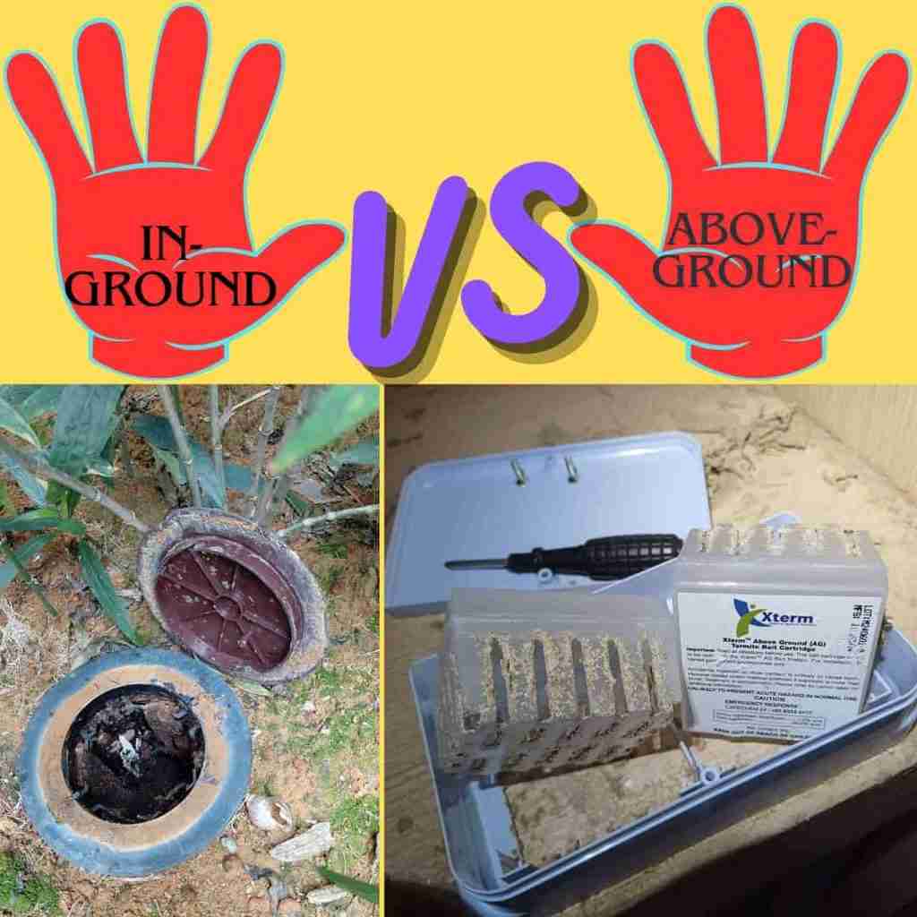 Graphic labeled "In-Ground VS Above-Ground". The lower left photo displays an opened in-ground termite monitoring station embedded in garden soil. The lower right photo shows an open Xterm Above Ground (AG) clear bait cartridge containing termite mudding, resting on an interior timber surface alongside mounting screws and a screwdriver.