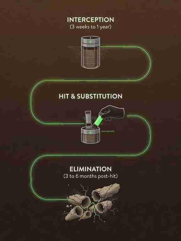 Infographic outlining the termite baiting timeline across three distinct stages. Stage 1: Interception (3 weeks to 1 year) depicting an in-ground station buried in soil. Stage 2: Hit & Substitution showing a gloved hand inserting an active bait cartridge into the unit. Stage 3: Elimination (3 to 6 months post-hit) showing collapsing, cracked subterranean termite galleries.